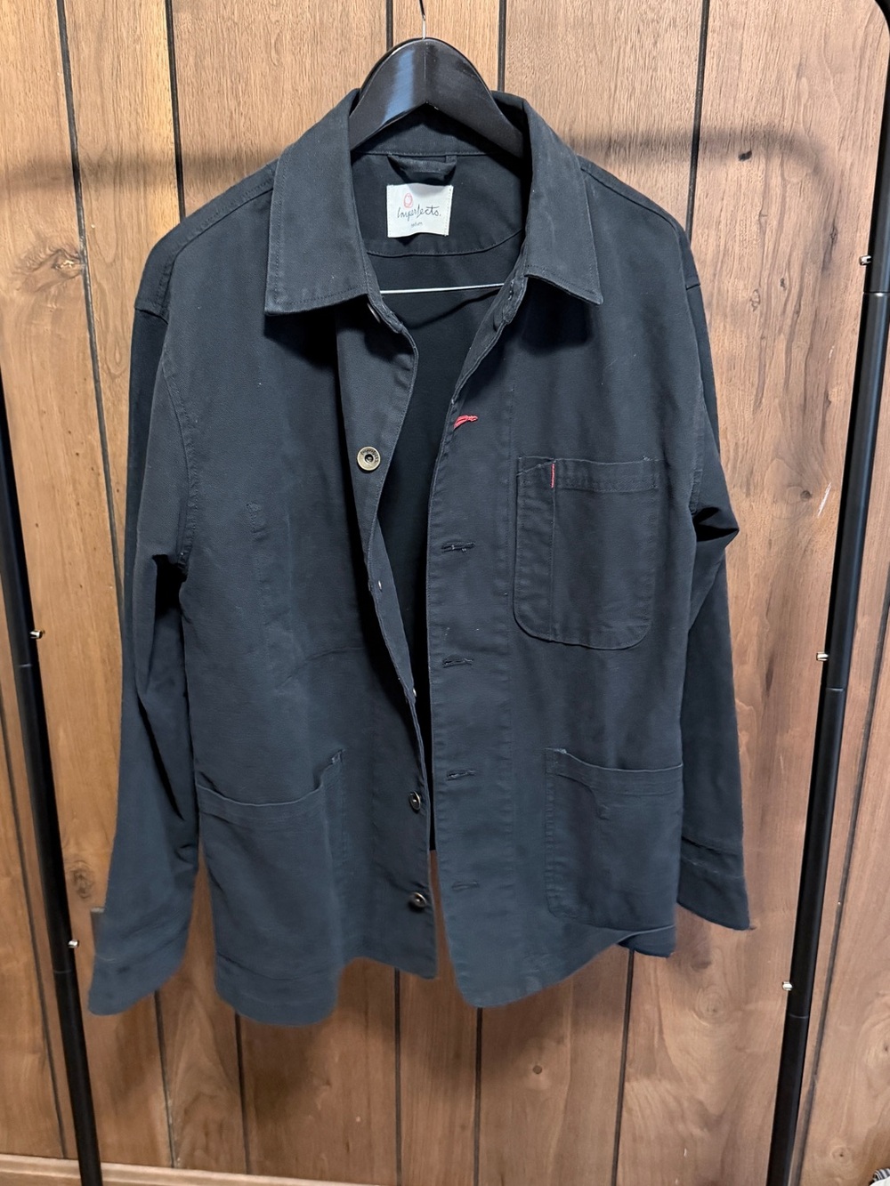 Imperfects Men’s Black Workwear Jacket, Cunningham Coat in Craft Canvas - Medium